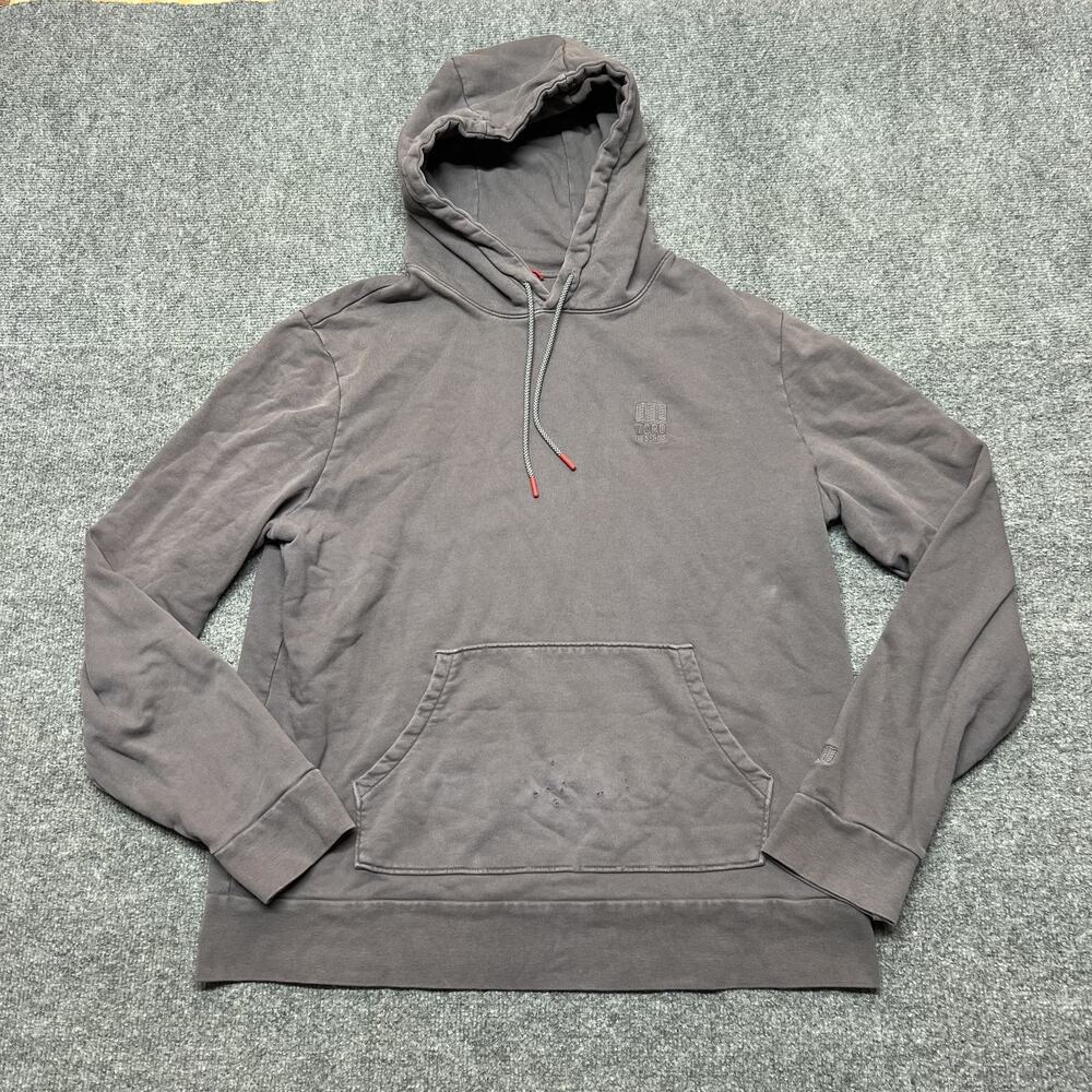 Topo Designs Hoodie Mens Large Gray Pullover Kangaroo Pocket Holes Sweatshirt
